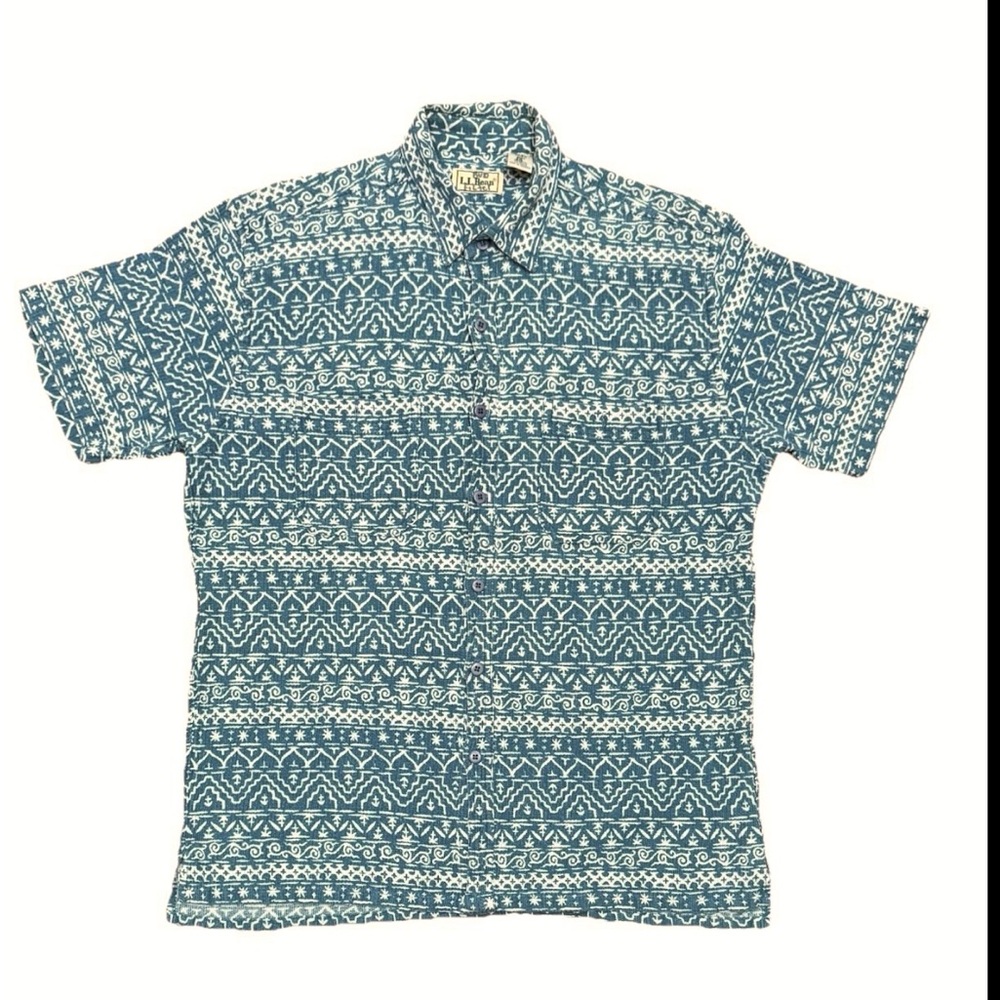 Vintage LL Bean Short Sleeve Button-Up Shirt Mens Large Blue Aztec Pockets